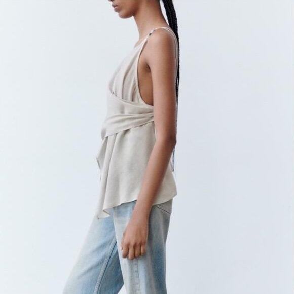 ZARA Womens MEDIUM Beige Beaded Strap Camisole Top Minimalist Chic Draped NEW - Picture 3 of 10